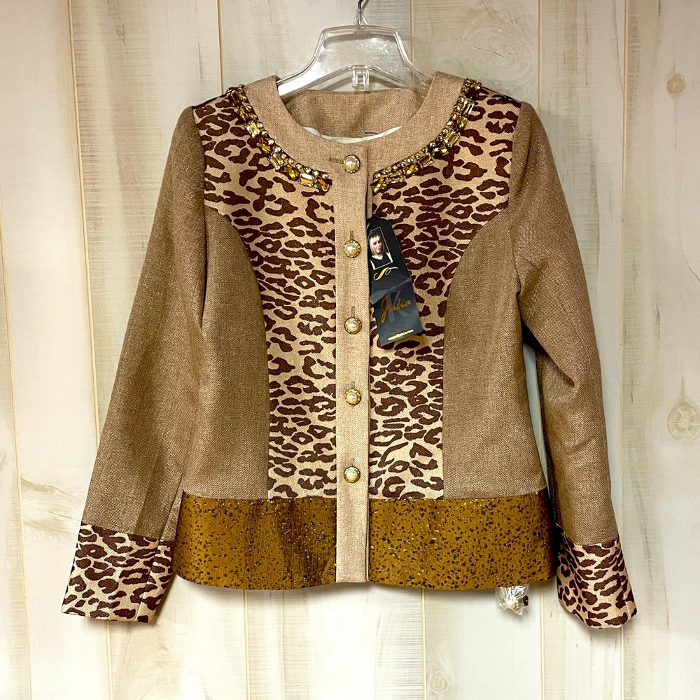 NWT Julia K Brown Cheetah Print Beaded Jacket Sz S Blazer Leopard